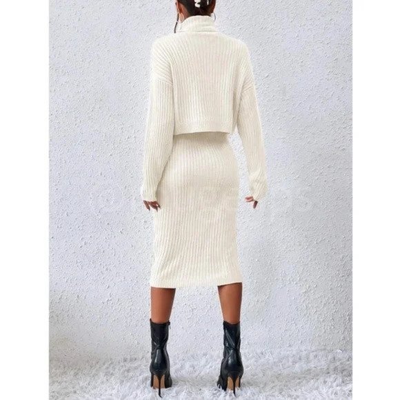 Two Piece White Knit Midi Pencil Dress and Turtleneck Pullover Sweater - Picture 3 of 7
